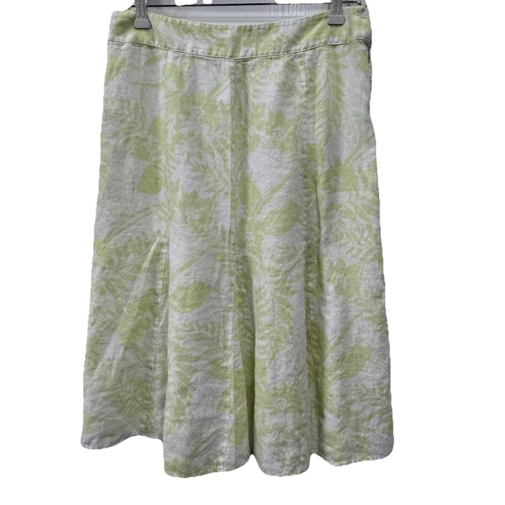 JM Collection Linen Midi Skirt Women’s 10 Green White Leaf Print A-Line Summer